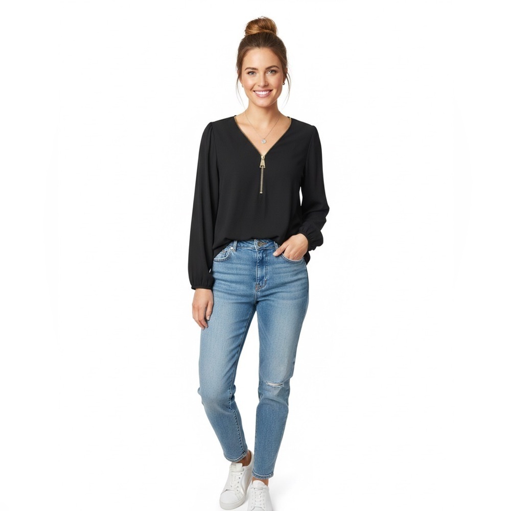 Carmen Marc Valvo Black Zip Blouse Size L Gold Zipper Minimalist Elegant Chic